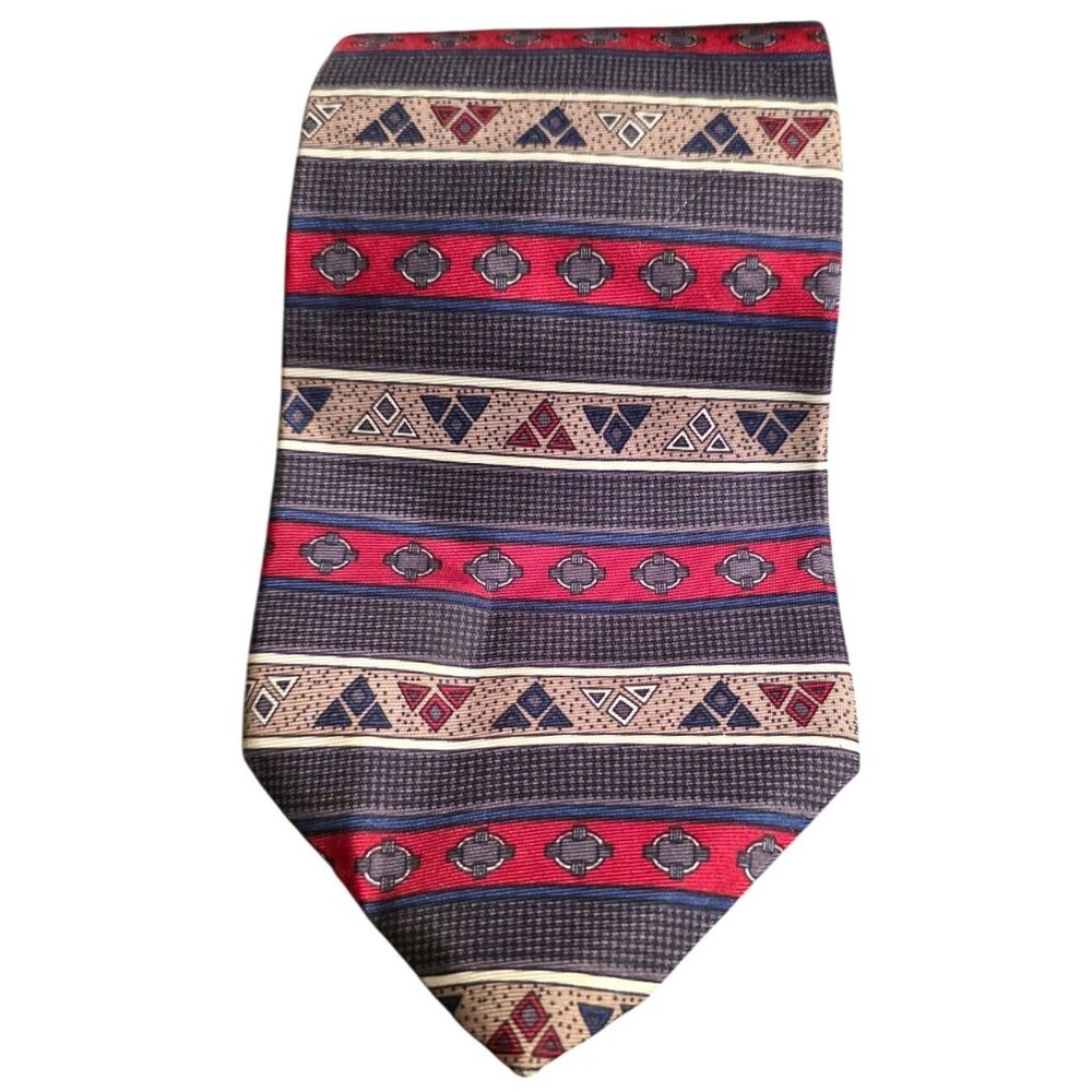 Vintage Necktie Lord & Taylor Kensington Collection Silk Red/Blue Geometric‎